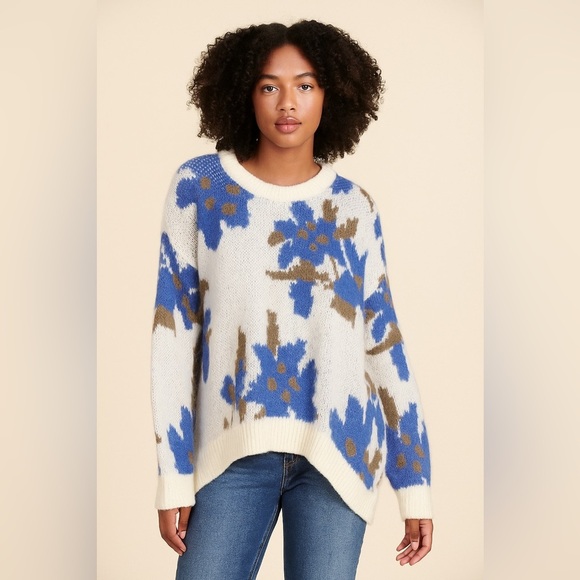 FRNCH Paris Floral Sweater Wool Blend Ivory Blue High Low Chunky - Picture 1 of 7